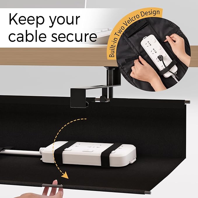 Under Desk Cable Management Tray 15.7" - No Drill Computer Wire Organizer Cable Tray, Fabric Cord Hider Clamp Mount, with 16X Cable Ties PC Cables Management Cord Holder for Office/Home (Black)