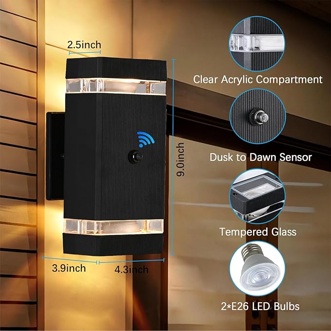 Outdoor Wall Lights 1 Pack, Integrated LED Up Down Lights, Modern Black Outdoor Wall Light with Dusk to Dawn Sensor Aluminum Exterior Wall Light for Porch Patio Door