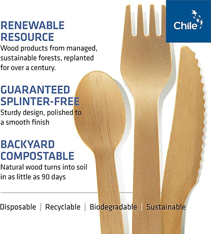 Disposable Wooden Cutlery Set - 100% Home Compostable - 50 Wrapped Sets Dispenser (Fork, Knife, Spoon & Napkin), 6.5", Bamboo Utensils Alternative, Eco-Friendly, Carbon Neutral Certified