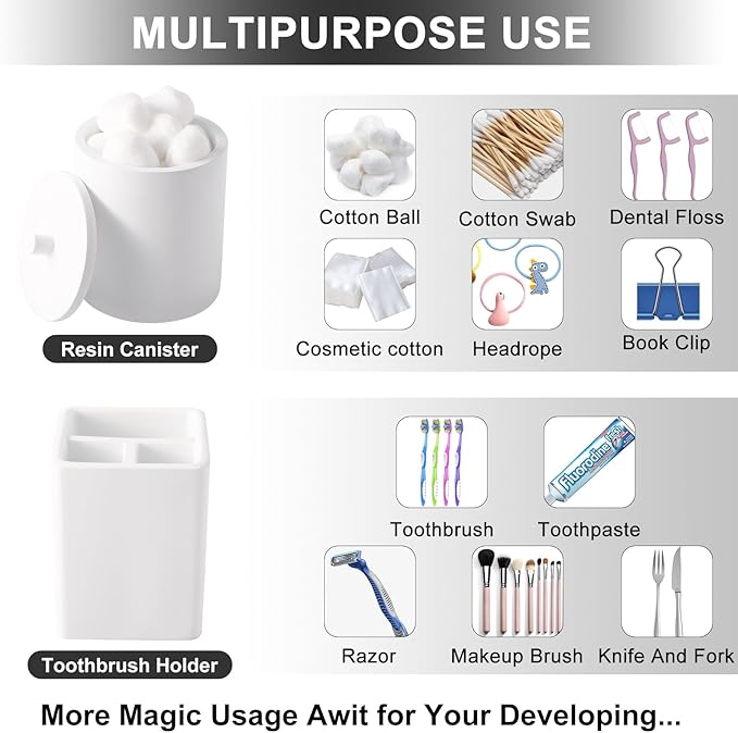 Resin 6 Pcs White Bathroom Set Complete with Toothbrush Holder, Lotion Soap Dispenser, 2 Qtip Holder Dispensers,Vanity Tray,Bathroom Tumbler - Countertop Vanity Organizer - Bathroom Accessories Set