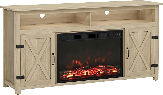 YESHOMY Fireplace TV Stand for Television up to 65+ Inch with Storage and Farmhouse Barn Doors, Entertainment Center with Cabinet and Shelves, Media Console for Living Room, Oak
