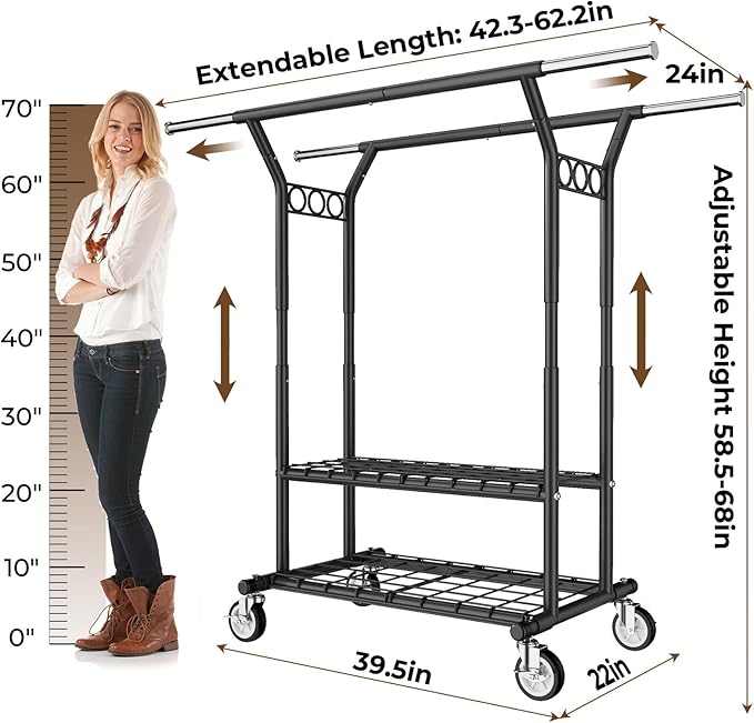 Heavy Duty Clothes Rack, Rolling Clothing Rack With Shelves Load 620 LBS, Double Rod Clothing Racks for Hanging Clothes, Portable& Adjustable Clothes Rack with Wheels,Black