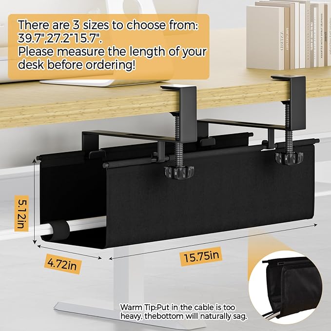 Under Desk Cable Management Tray 15.7" - No Drill Computer Wire Organizer Cable Tray, Fabric Cord Hider Clamp Mount, with 16X Cable Ties PC Cables Management Cord Holder for Office/Home (Black)