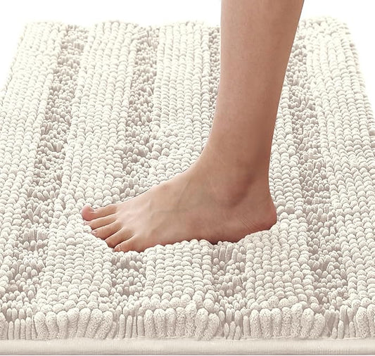 H.VERSAILTEX Bathroom Rugs Bath Rugs for Bathroom Non Slip Bath Mats Extra Thick Chenille Striped Rug 17" x 24" Absorbent Soft Shaggy Washable Dry Fast Bath Mats for Bath Room Floor - Ivory