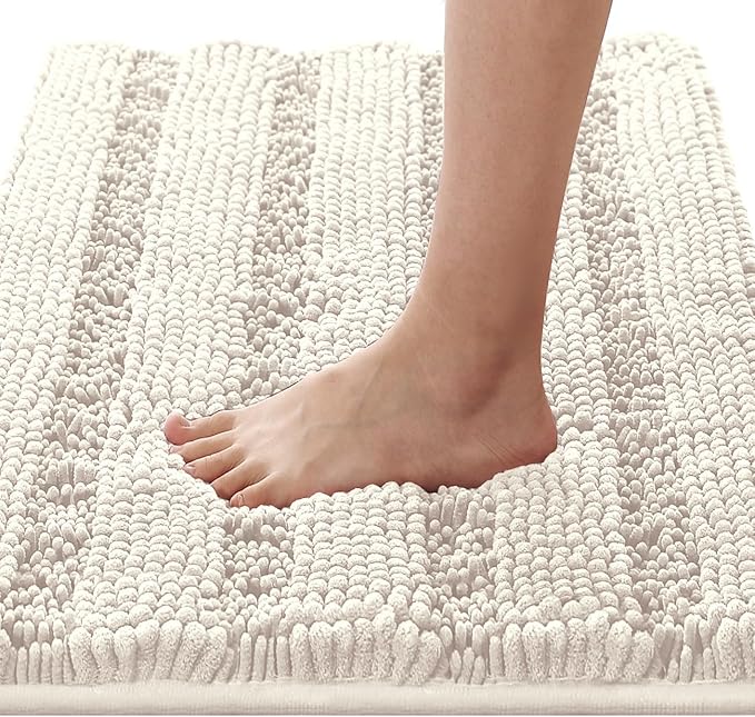 H.VERSAILTEX Bath Rugs for Bathroom Non Slip Bath Mats Extra Thick Chenille Striped Rug 20" x 32" Absorbent Non Skid Fluffy Soft Shaggy Washable Dry Fast Plush Mat for Indoor, Bath Room, Tub - Ivory