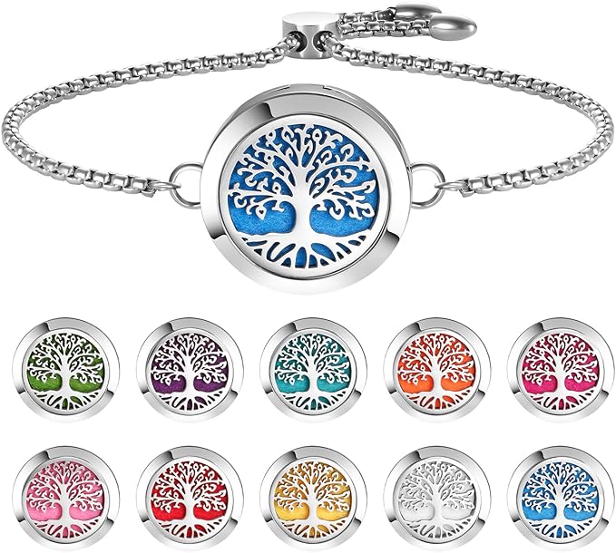 Aromatherapy Essential Oil Diffuser Bracelet, Tree of Life Pattern Locket Adjustable Link for Women Birthday Jewelry Gifts Trendy for Wife Mothers（Silver