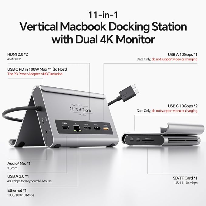 MacBook Pro Docking Station Dual Monitor 4K@60Hz for MacBook Pro/Air M3 Pro/M4, PULWTOP USB C Docking Station Stand Laptop Dock with 2 HDMI, PD, Ethernet, USB A/C 10Gbps, Audio, SD/TF, USB 2.0