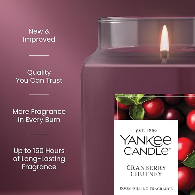 Yankee Candle Large Jar Scented Candle with up to 150 Hour Burn Time, Premium Plant Wax Blend for Consistent Burn, 22 oz Jar Candle with Room Filling Fragrance, Cranberry Chutney
