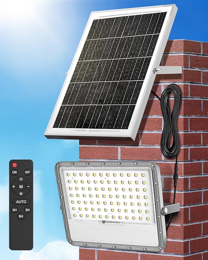 Outdoor Solar LED Flood Lights: Waterproof Security Patio Lights with Remote Control, 6500K Bright Illumination Dawn to Dusk Lighting for Fence, Yard, Backyard, Wall, House (20000MAH)