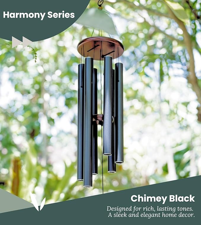 Wind Chimes – 28” Black Modern Wind Chimes for Deep, Soothing Tones – Outdoor Garden Décor, Hand-Tuned Metal Chimes for Relaxation – Weatherproof Gift for Patio, Yard & Zen Spaces