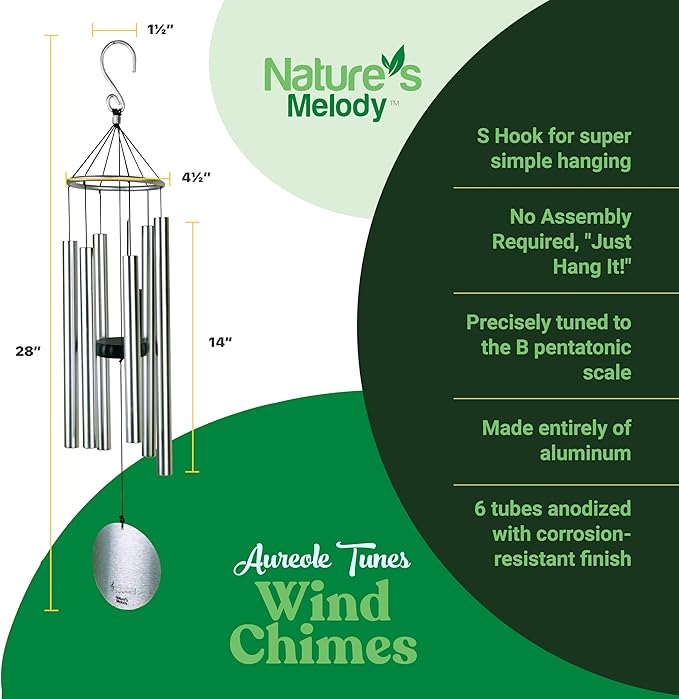 Nature’s Melody Aureole Tunes Wind Chimes – Outdoor Windchime with 6 Tubes Tuned to B Pentatonic Scale, 100% Rustproof Aluminum, Powder Finish & S Hook Hanger for Sympathy, Memorial Gift or Zen Garden