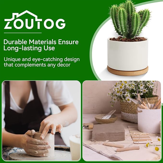 ZOUTOG Ceramic Succulent Pots,4 Inch Plant Pots,Succulent Planters with Drainage Hole & Bamboo Tray for Indoor Plants,White Small Flower Planters for Home,Office,Desk(6 Pack)
