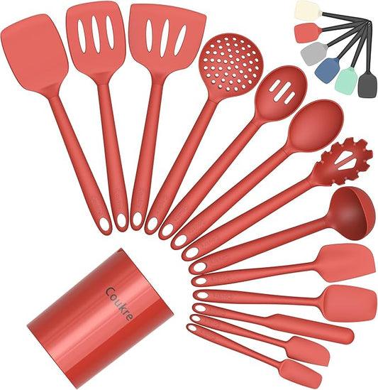Coukre Silicone Kitchen Cooking Utensils Set with Holder – Heat-Resistant, Food-Grade Kitchen Tools, Spatula, Spoon & Gadgets for Non-Stick Pans, Dishwasher Safe (14, PureRed)