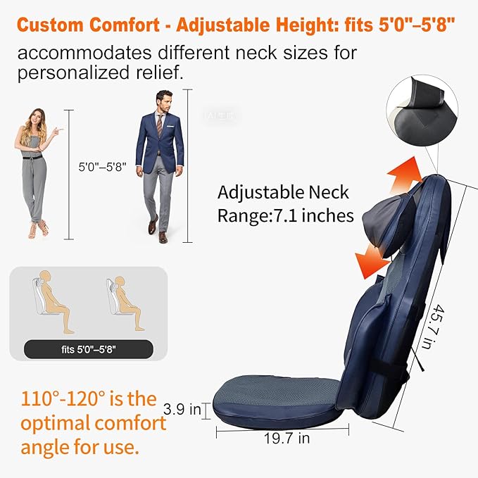 4D Shiatsu Neck Back Massage Cushion w/Heat for Pain Relief - Kneading Back Massager w/Vibration & Dual Necks Head for Relieves Muscle Stiffness from Long Sitting for Office Home Use, Blue