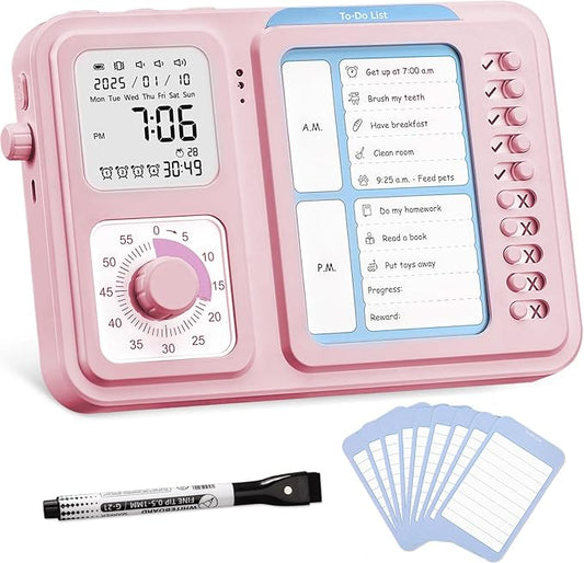 3-in-1 Visual Timer & ADHD Tool for Kids Adults, ADHD Task Timer with Chore Chat Board Schedule, Homeschool (Pink)