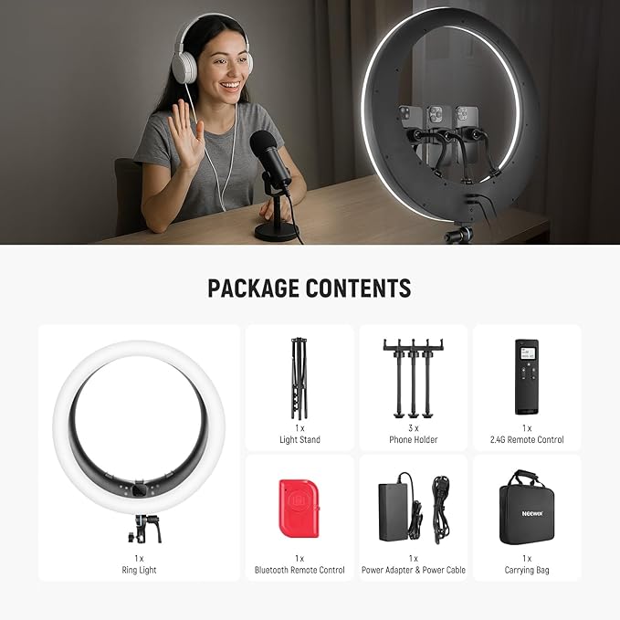 NEEWER RP19H 19" Ring Light with Tripod Stand/3 Phone Holders/Cleaning Cloth Compatible with iPhone, 2.4G Touch Control LED Ringlight for Video Recording Studio Streaming Zoom Selfie Makeup Lighting
