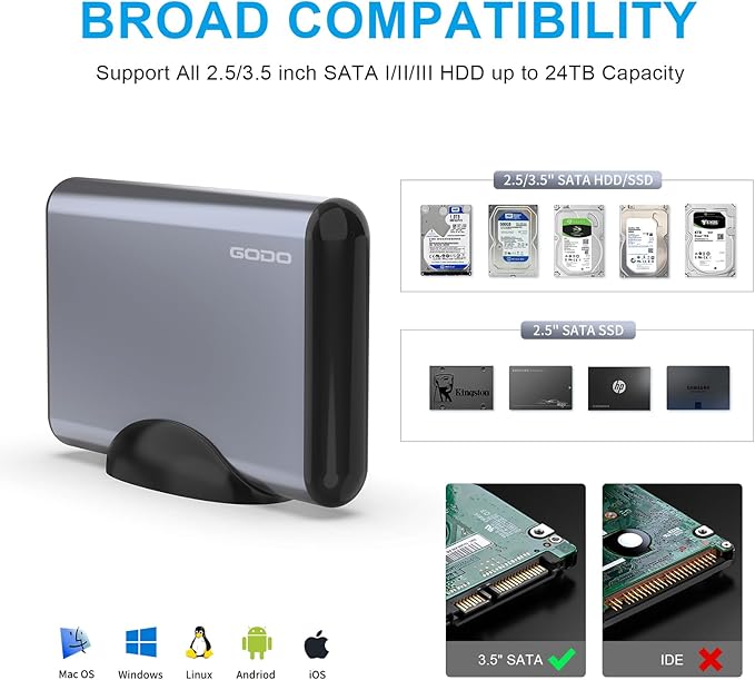 GODO 3.5-inch 2.5 3.5 SATA HDD External Hard Drive Enclosure,USB 3.0 to Aluminum HDD Docking Station with Bracket,Support UASP,12V Power Adapter Type C 18TB-Grey,Can Support 100-240v Voltage Usage
