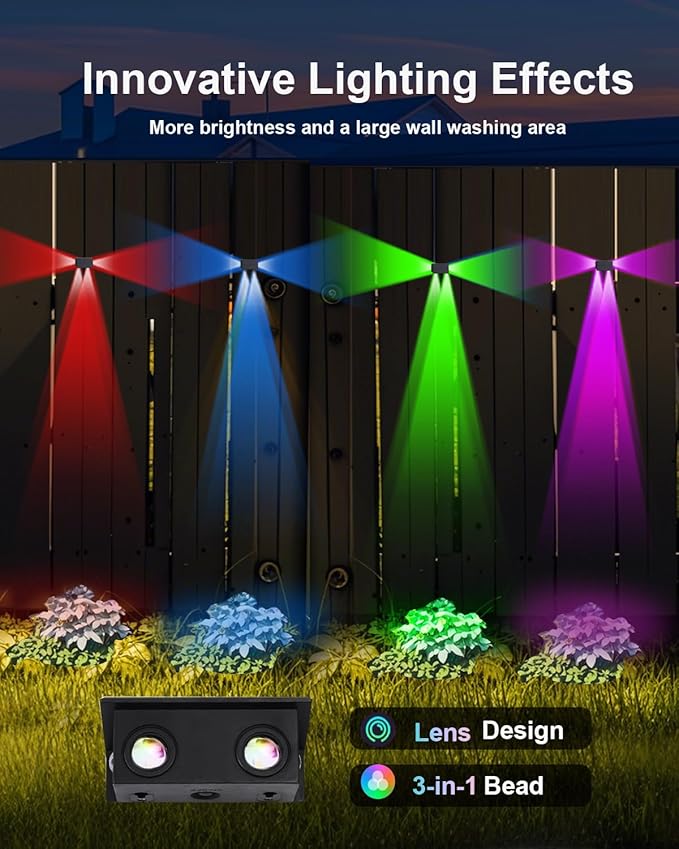 4 Pack Color Changing Solar Powered Fence Lights Outdoor Decorative LED Waterproof Yard Lamps for Outside Wall, Deck, House Patio, Rail, Stair, Yard, Pool, 8 Colorful Modes, Easy 1-Min Installation