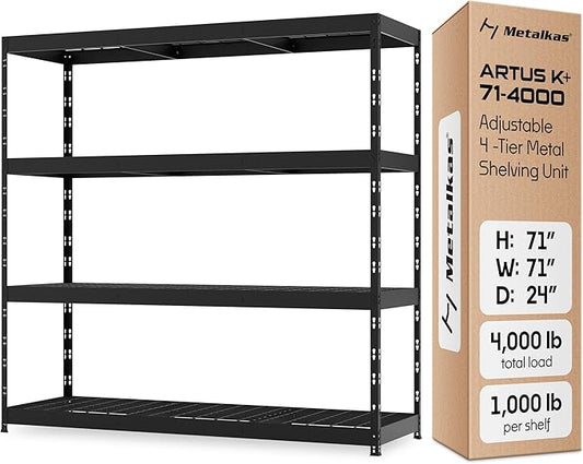 Metalkast Heavy-Duty Metal Garage Shelving | 71" H x 71" W x 24" D | Adjustable Industrial Storage Rack with Wire Shelves | 4-Tier Steel Shelving Unit, 4,000LB Capacity, Rust-Resistant Coating