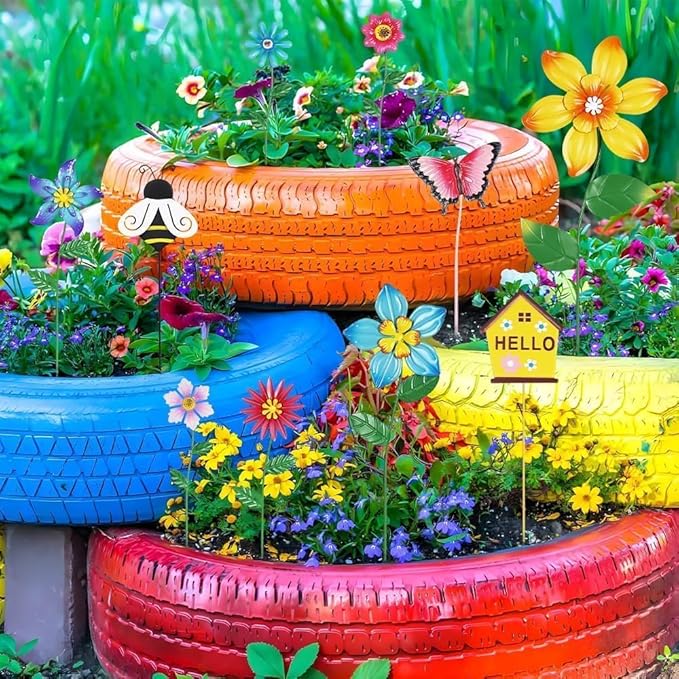 hogardeck Garden Decor for Outside, Set of 10 Metal Flowers Decorative Garden Stakes for Spring Decor, Gardening Gifts for Women Mom Grandma Wife, Yard Art Outdoor Lawn Porch Pathway Decorations