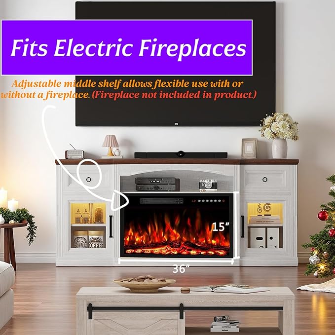 Farmhouse TV Stand, 70" Modern TV Stand with LED Lights & Outlet, 2 Drawers, Transparent Doors, Entertainment Center with Adjustable Shelves for Fireplace(36" Wx15 H), Antique White