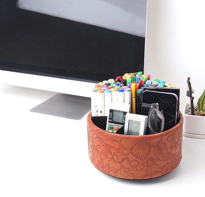 Hennaja Remote Control Holder, 360°Spinning PU Leather Desk TV Remote Caddy,Desk Storage Box Room Accessories for Controller, Media,Mail,Calculator, Mobile Phone,Pencil(1-Carved Brown)