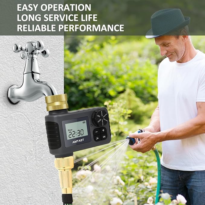 Sprinkler Timer with Brass Swivel Programmable Water Timer with Rain Delay/Manual/Automatic Drip Irrigation Function Watering System for Yard Crops Lawns Pool, 1 Outlet
