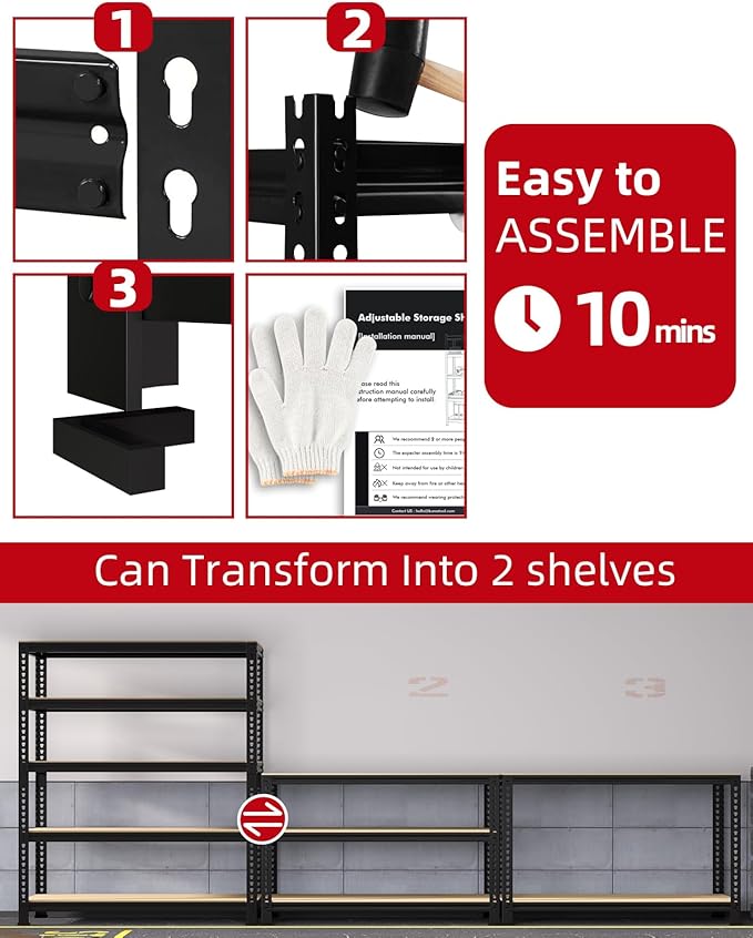 PrimeZone Heavy Duty Garage Storage Shelves - 48" W X 24" D X 72" H Adjustable Metal Shelving Unit, 5 Tier Industrial Shelves for Storage Standing Utility Rack for Warehouse, Basement, Black, 6 Pack