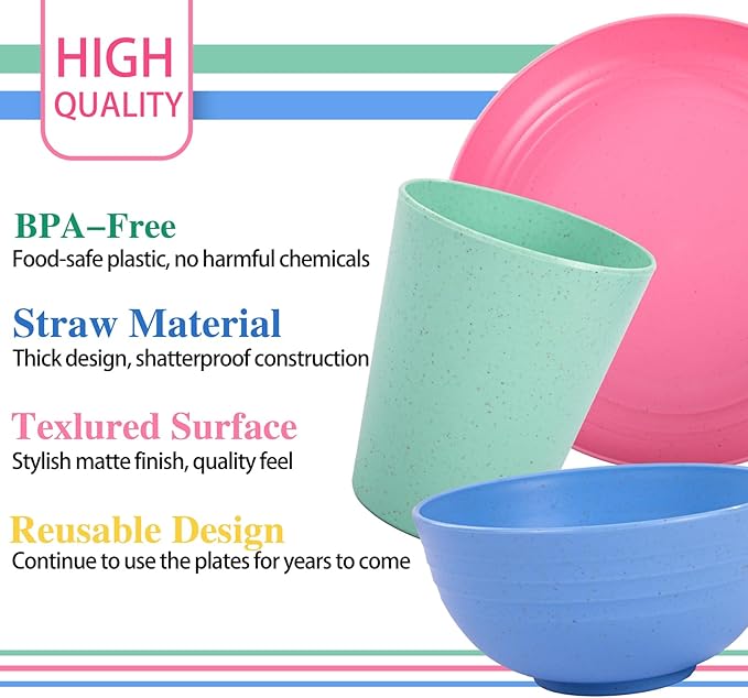 LIYH 48 Pcs Wheat Straw Dinnerware Plates and Bowls Set Dishwasher Safe Unbreakable Light Weight Plates Service for 12 Reusable Dinnerware Set Multicolor Set Dish Set