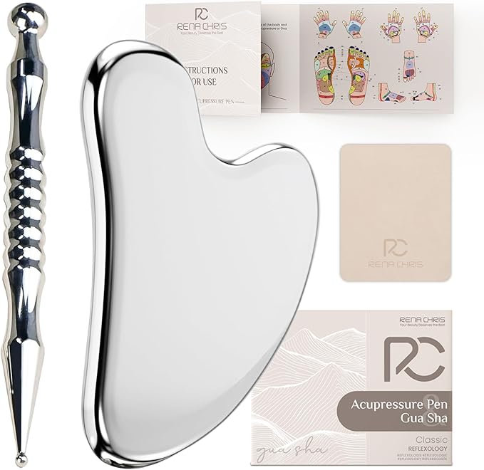 Rena Chris Acupuncture Pen, Manual Reflexology Tools for Muscle Tension and Pain Relief, Acupressure Pen and Stainless Steel Gua Sha Set with Reflexology Chart, Easy to Use