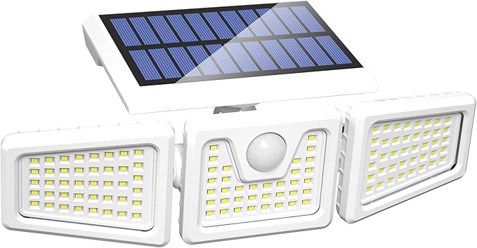 INCX Solar Motion Sensor Lights Outdoor, 3 Heads Security Lights Solar Powered, 156 LED Flood Light Motion Detected Spotlight for Garage Yard Entryways Patio, IP65 Waterproof, White, 1 Pack