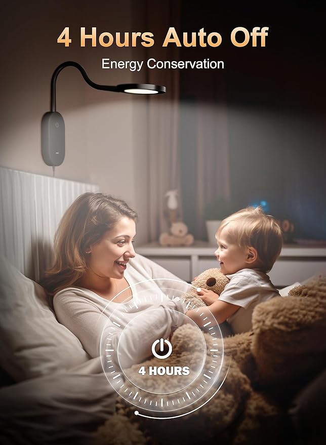 deeloop LED Wall Mounted Reading Light for Bed, Book Light for Wall Bedside Lamp with USB Output, 4 Hour Auto-Off Timer Lights，Eye-Caring Reading Lamp with 5 Dimmable 360° Gooseneck Headboard Light