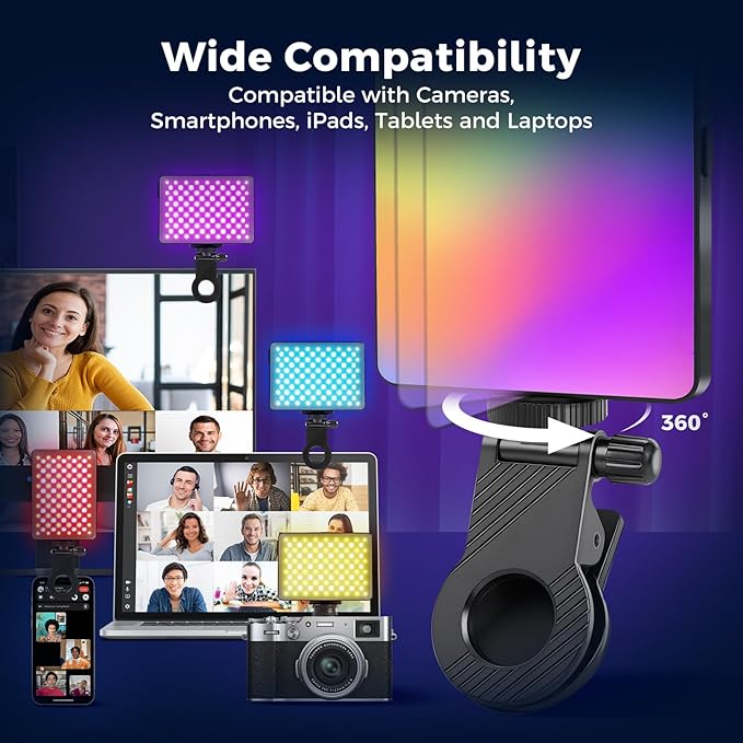RGB Video Light, Pocket LED On-Camera Video Lights, 3000-9900K 360 Full Color 20 Light Effects, Portable Front & Back Phone Clip for Laptops, Phone and Camera, Vlogging, Photography, TikTok