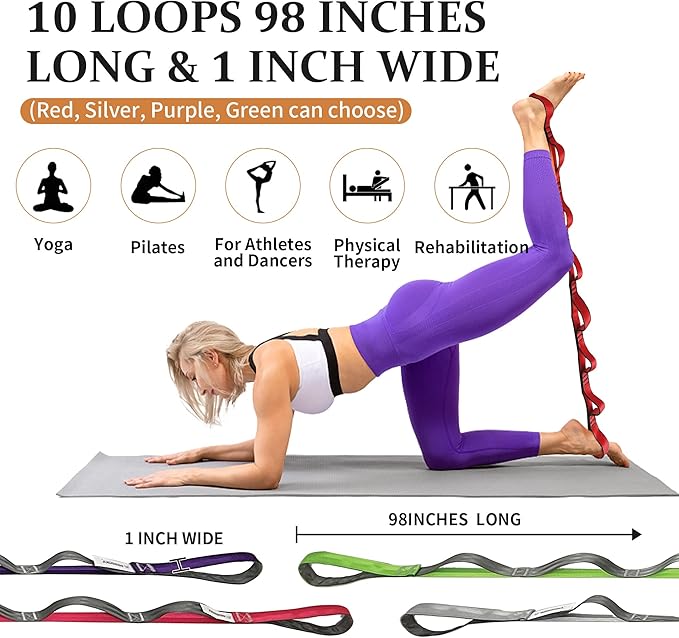Stretching Strap Yoga Strap, 10 Loops Non-Elastic Stretch Bands Helps Women and Men Improve Flexibility for Home Workout, Physical Therapy, Pilates, Exercise, Dance, Comes with Door Anchor