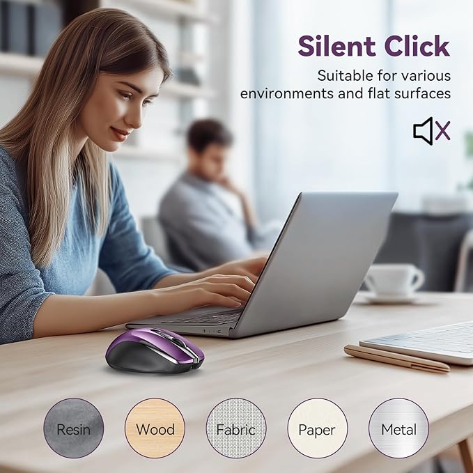 TechRise Bluetooth Mouse (BT5.0/3.0 & 2.4G) Rechargeable Wireless Mouse, 4800 DPI Optical Tracking, 6 Adjustable DPI, 2.4GHz with USB A Receiver, Quiet Clicks, Ergonomic Grips, 6 Buttons - Purple