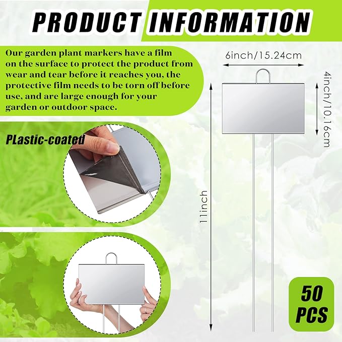 Landhoow 50 Pcs Large Garden Plant Markers Metal Plant Labels Sign 4'' x 6'' with 11'' Stake Weatherproof Waterproof Garden Sign for Outdoor Seedlings Herbs Vegetable Greenhouse, Silver