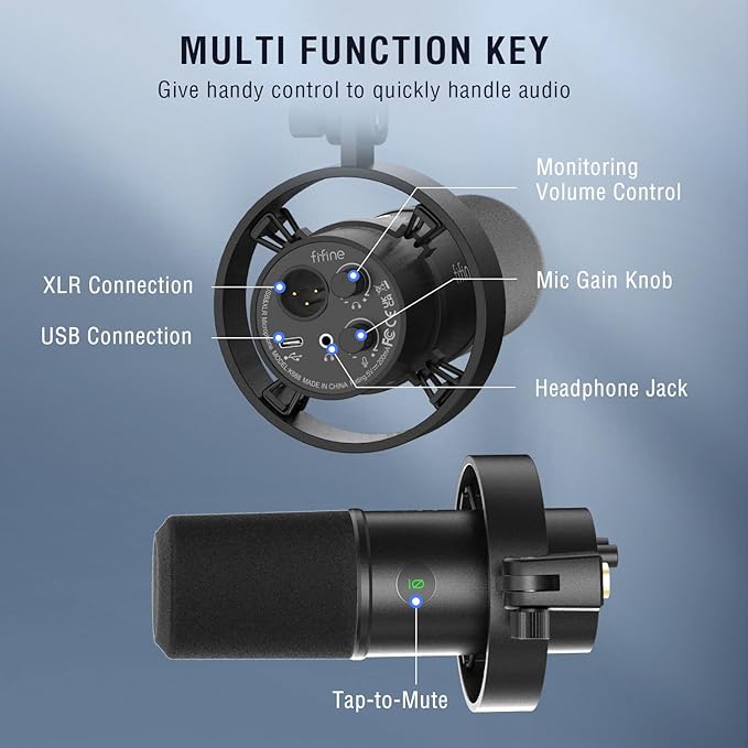 FIFINE Dynamic Podcast Microphone Set with Boom Arm Stand, Studio XLR/USB Microphone for Recording Vocal Streaming, Metal Mic with Mute Tap, Headphone Jack, Heavy Duty Boom Arm-K688T