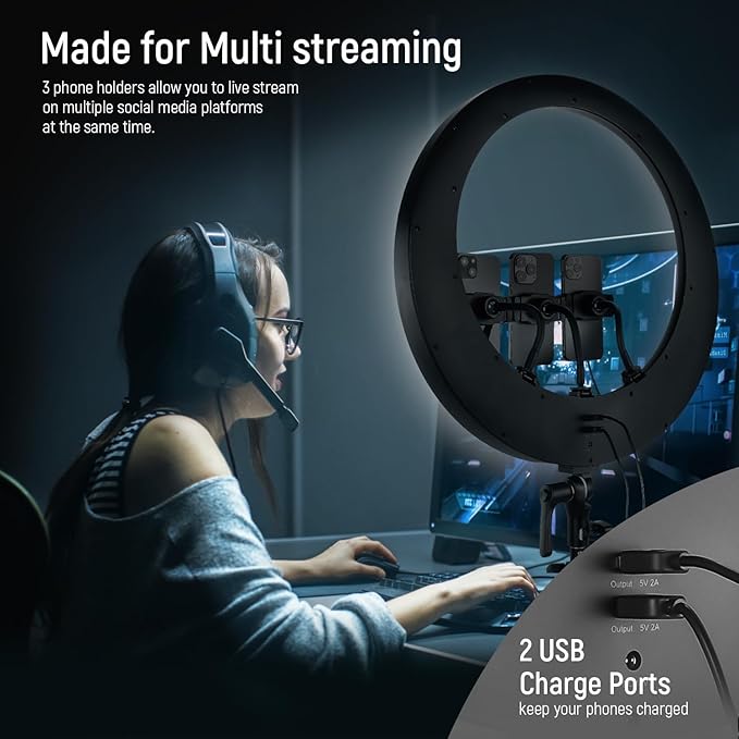 NEEWER 19 inch Ring Light with Stand, 3 Phone Holders and Mini Ball Head, Upgraded 2.4G & Touch Control, Smooth Dimming at 1%, 3200K-5600K for Selfie TikTok Live Streaming Video Recording Zoom, RP19H