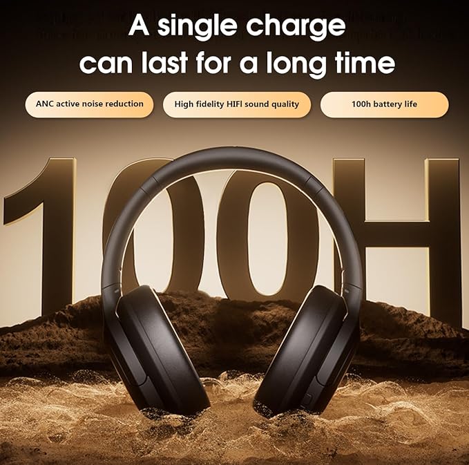 MZYMI Wireless Over Ear Bluetooth Headphones, 100H Playtime Active Noise Cancelling Headphone, Portable Foldable Headphone with Microphone for Work, Gym, Travel, Game, Black