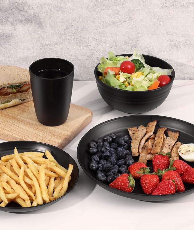 Quatish 16 Piece Plates and Bowls Sets for 4, Unbreakable Dinnerware Sets, Plastic Dish Set for Camping, Dishwasher Microwave Safe, Outdoor Kitchen and Apartment Dinning RV Essentials, Black