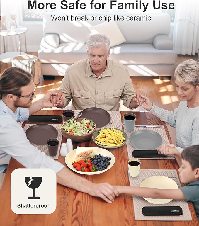 Quatish 24 Piece Plates and Bowls Sets for 6, Unbreakable Dinnerware Sets, Plastic Dish Set for Camping, Dishwasher Microwave Safe, Outdoor Kitchen and Apartment Dinning RV Essentials, Brown