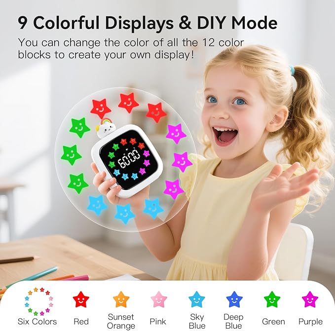 Yunbaoit Digital Visual Timer for Kids, Rechargeable 99-Minute Silent Countdown Timer with 19 Ringtones, 9 Optional DIY Color Star Display, Time Management Tool with Pause Function (Rainbow)