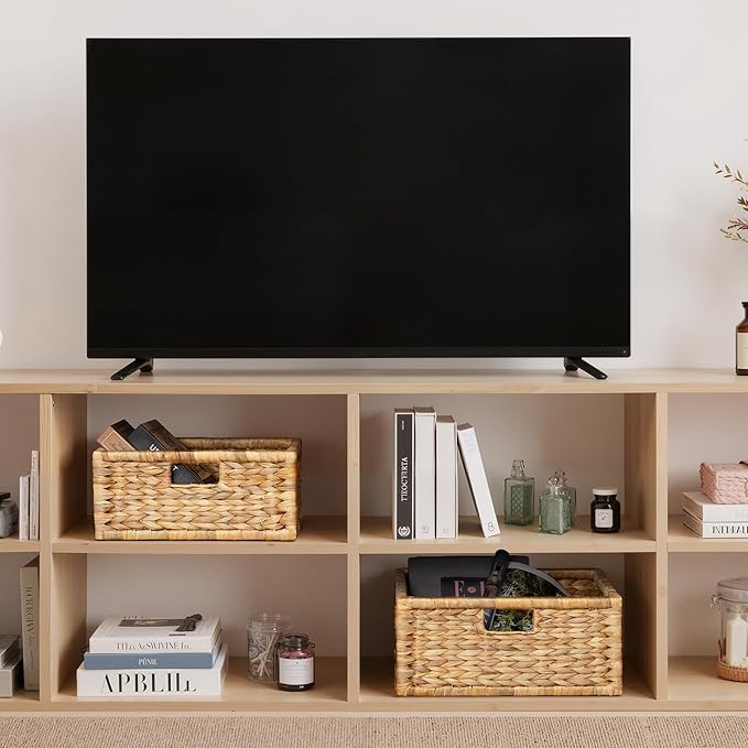 StorageWorks Large Wicker Basket for Organizing, Pantry Organizer with Wooden Frame, Water Hyacinth Storage Basket for Shelves