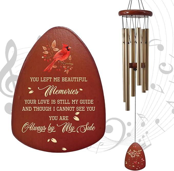 Wind Chimes for Loss of Loved One 32", Cardinal Wind Chimes in Memory of a Loved One, Cardinal Memorial Gift, Sympathy Wind Chimes, Sympathy Bereavement Condolence Gift,Wooden,Golden