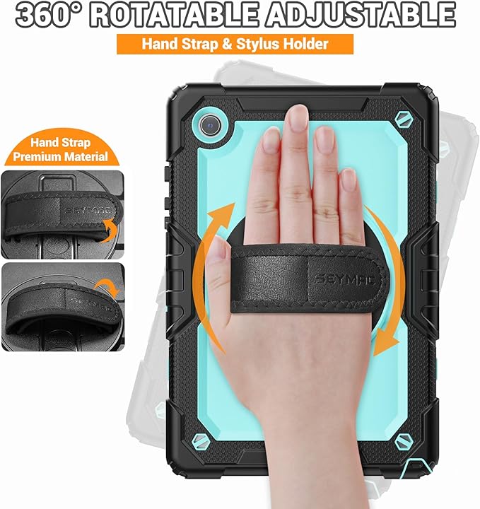 SEYMAC for Samsung Galaxy Tab A8 Case 10.5 (SM-X200/ X205/ X207), Heavy Duty Full-Body Shockproof Protective Case with Screen Protector, Rotating Stand, Hand/Shoulder Strap and Pen Holder, Sky Blue
