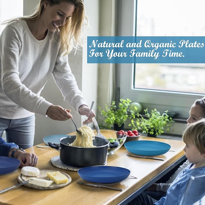 Wheat Straw Salad Plates - 9 Inch Unbreakable Dinner Set of 8 Dishwasher & Microwave Safe Plastic Reusable Lightweight for kitchen,camping (Ocean),Ocean Series:Gradient Blue