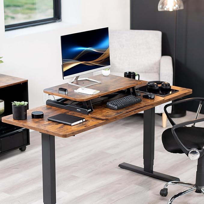 VIVO 28 inch Desk Converter, K Series, Height Adjustable Sit to Stand Riser, Dual Monitor and Laptop Workstation with Keyboard Tray, Rustic Vintage Brown Top, Black Frame, DESK-V028KN