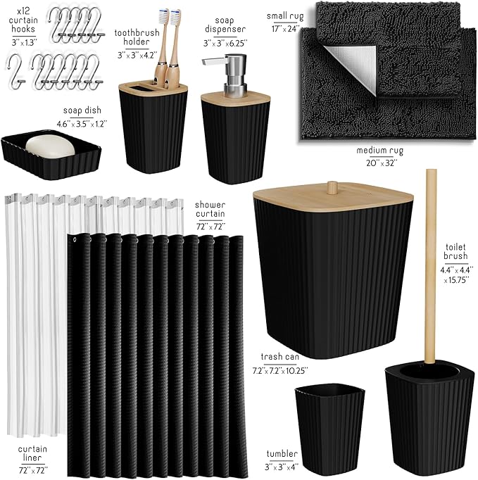 Clara Clark Bathroom Accessories Set - 22PC Bathroom Set, Bathroom Sets with Shower Curtain and Rugs, Black Shower Curtain Set with Bathroom Trash Can