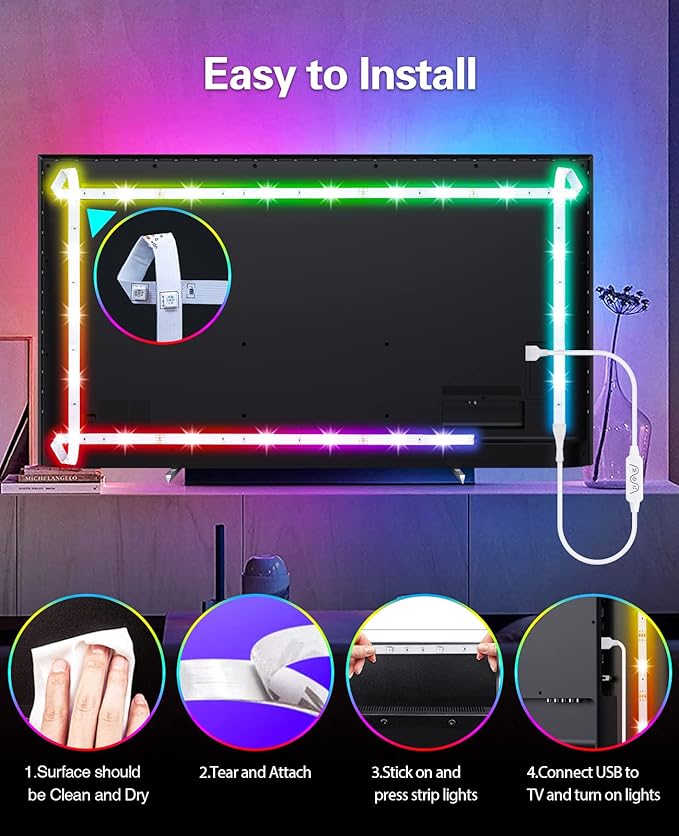 Daymeet TV Led Backlight, 16.4ft ICRGB LED Lights for TV Smart Led Lighting for 65-85inch Monitor, USB Led Lights Behind Backlight Sync with Music, Bluetooth APP Control with Remote
