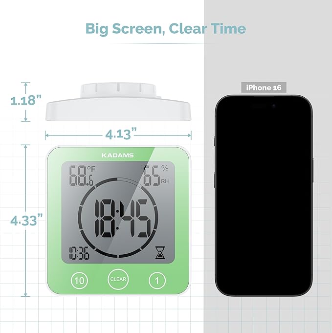 KADAMS Shower Clock Waterproof Bathroom Timer – Digital Wall Clock with Countdown, Magnetic Kitchen Clock with Temperature & Humidity, Suction Cup for Kids Shower Spa Sauna Cook Bath (Green)